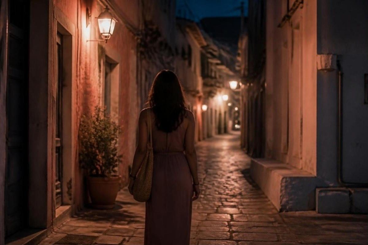 Μια γυναίκα περπατά σε ένα λιθόστρωτο σοκάκι τη νύχτα, κάτω από αναμμένα φανάρια.
