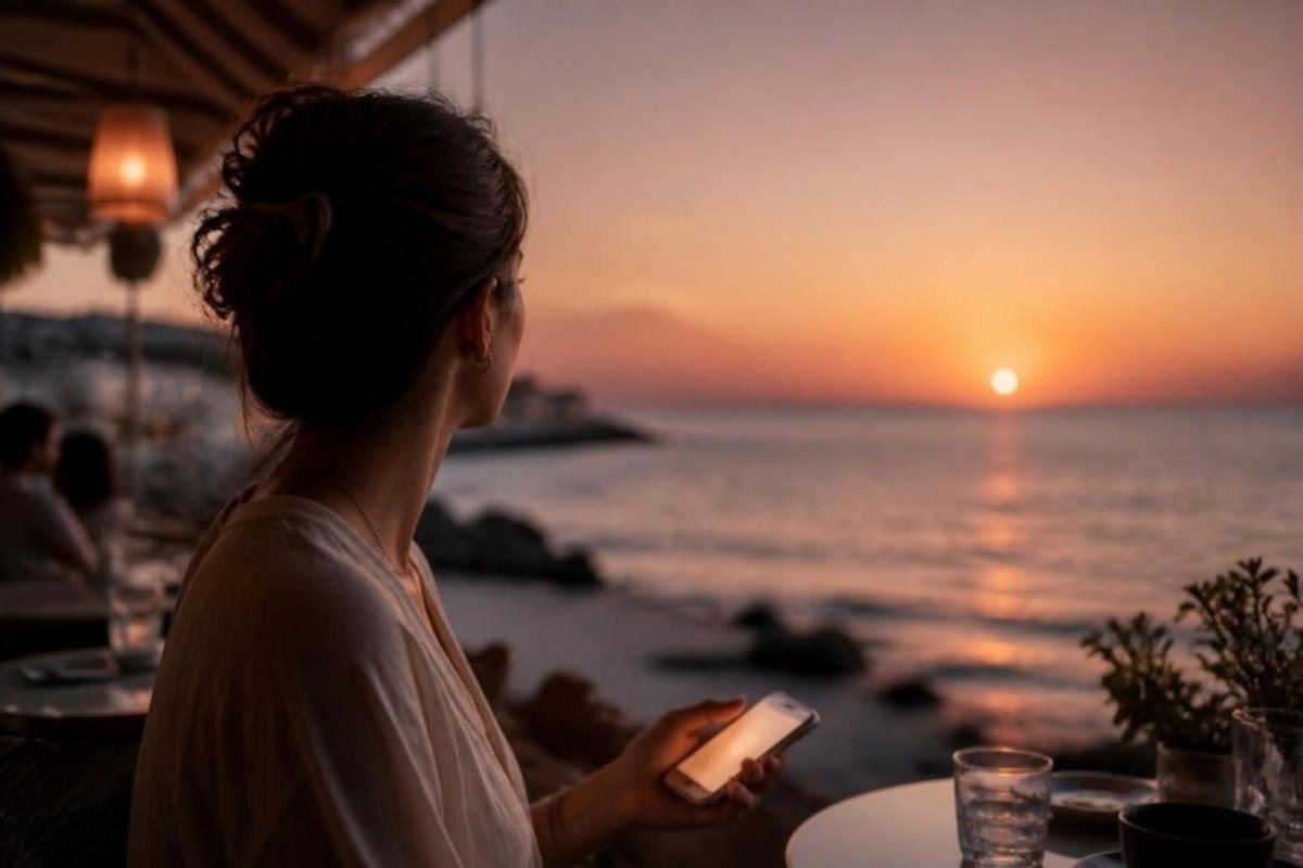 Μια γυναίκα με το κινητό στο χέρι κοιτάζει το ηλιοβασίλεμα σε μια ταβέρνα δίπλα στη θάλασσα.