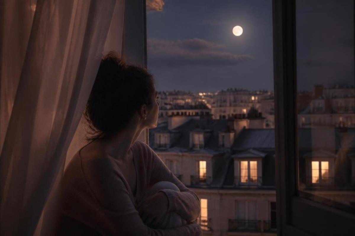 Μια γυναίκα κάθεται στο παράθυρο τη νύχτα και κοιτάζει τα φωτισμένα παράθυρα της πόλης κάτω από το φεγγάρι.