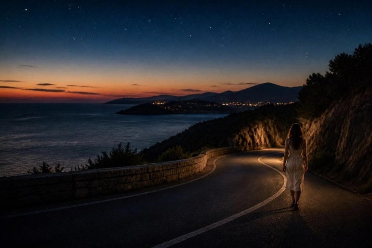 Μια γυναίκα περπατά μόνη σε έναν δρόμο δίπλα στη θάλασσα, το σούρουπο, κάτω από τα πρώτα αστέρια.