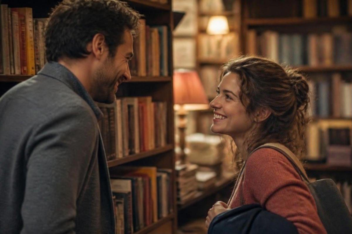 Ένας άντρας και μια γυναίκα χαμογελούν ο ένας στον άλλον ανάμεσα στα ράφια ενός βιβλιοπωλείου.