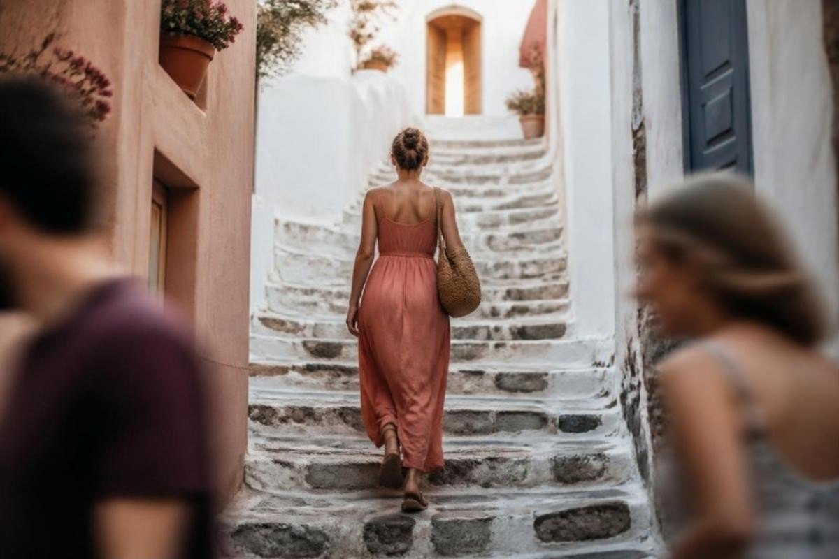 Μια γυναίκα ανεβαίνει αποφασιστικά τα λευκά σκαλιά ενός νησιώτικου σοκακιού, ενώ οι περαστικοί μένουν θολοί στο πλάι.